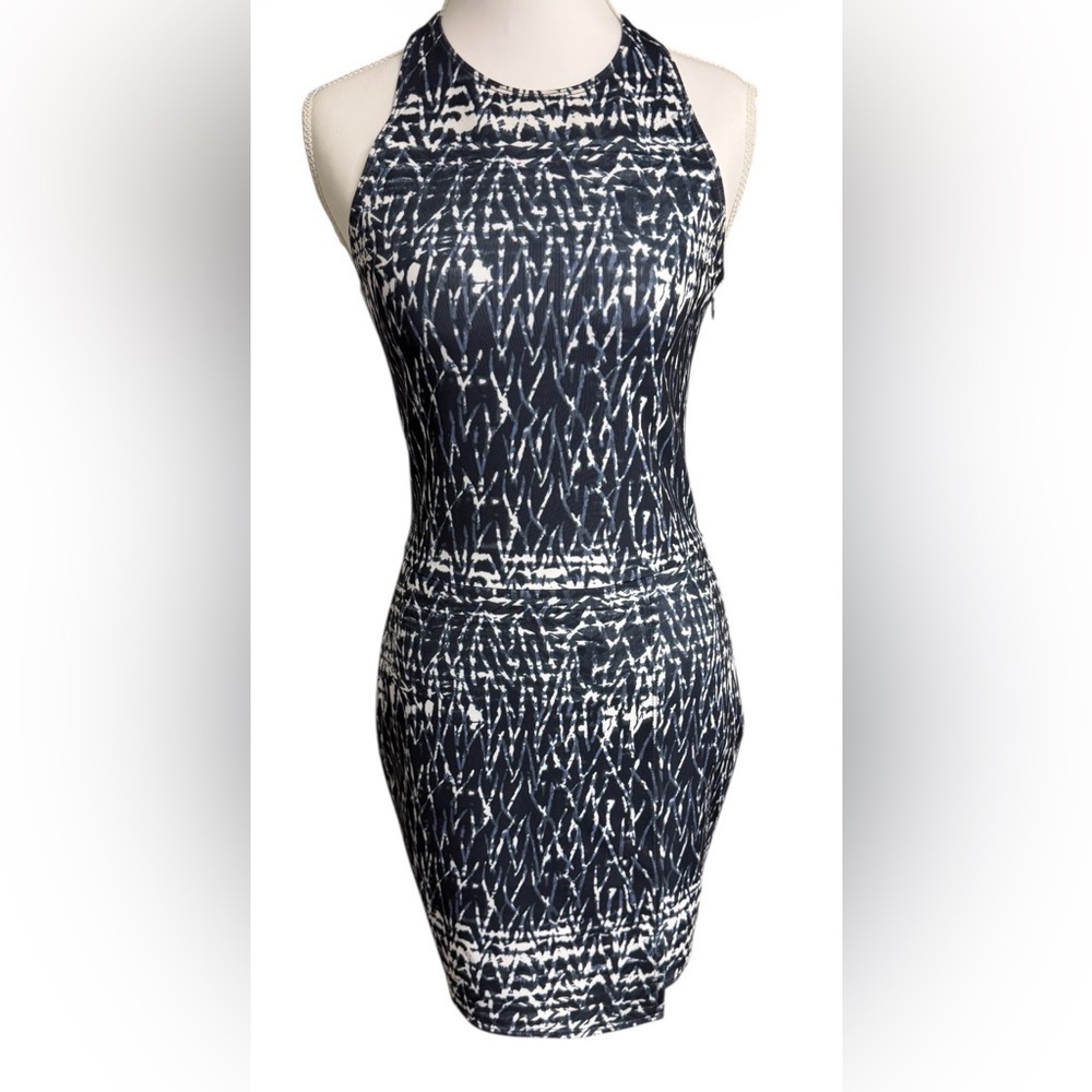Y2K ABERCROMBIE & FITCH BLUE WHITE ABSTRACT BODYCON MINI DRESS SIZE S STRETCH - Picture 2 of 8